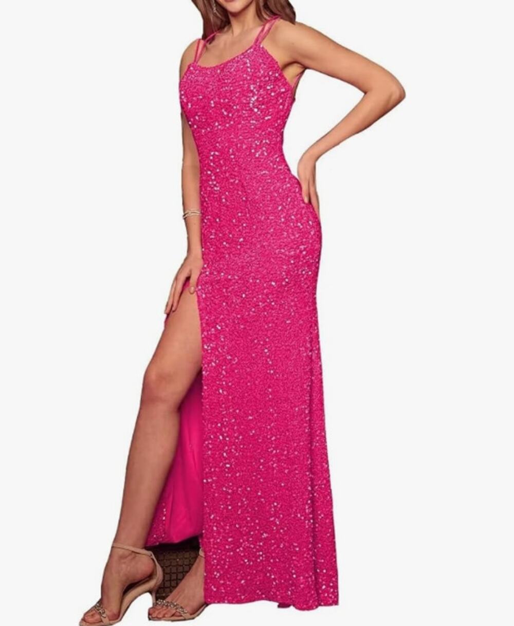 NWT Berlinnova Hot Pink Full Sequin Mermaid Prom Dress Long Formal Size 2